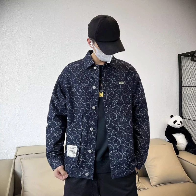 

Denim Jackets Man with Print Original Korea Fast Delvery in Lowest Price Japanese Retro Aesthetic Worn Blue Cowboy Coat for Men