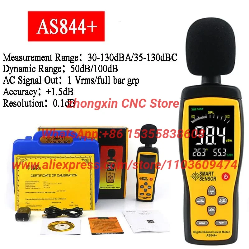 SMART SENSOR AS834+ AS844+ Digital LCD Sound Level Meter Noisemeter 30-130dB Noise Volume Decibel Monitoring Tester Instrument