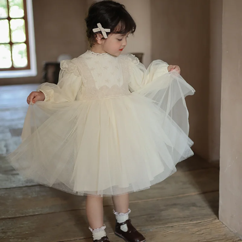 Girls Casual Dresses Lace Baby Autumn New Princess Yarn Ball Gown Childrens Clothing Gorgeous Sweet Light Luxury Soild