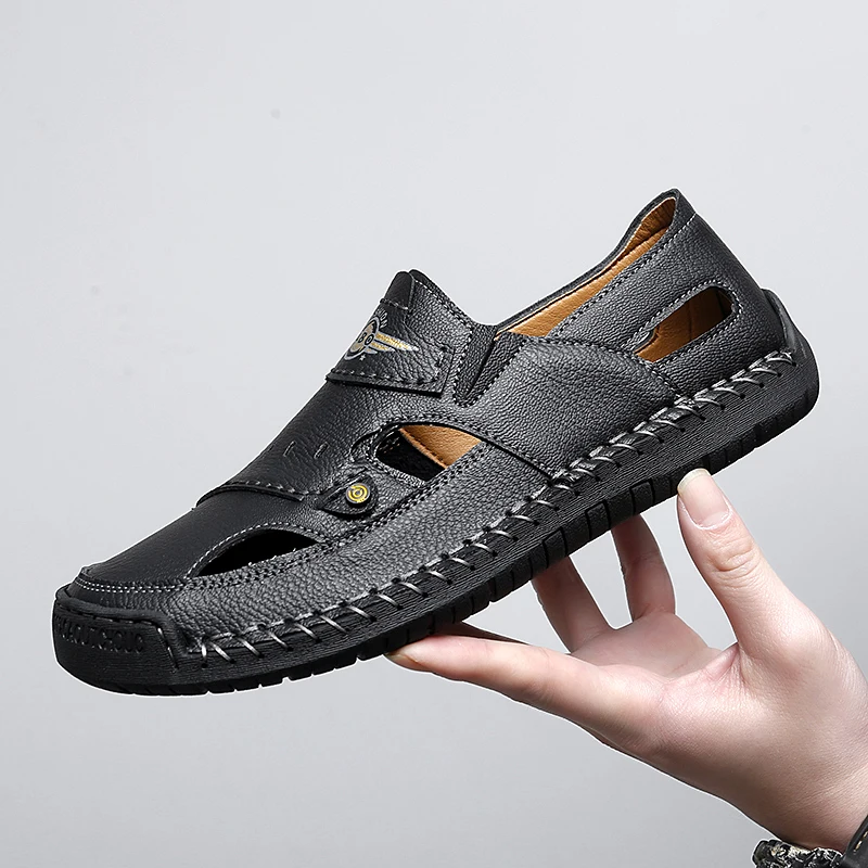 Large Size Men's Casual Beach Sandals Hand Sewing Line Hollow out Cross-Border Shipping Rubber Bottom Micro Fiber Shoes