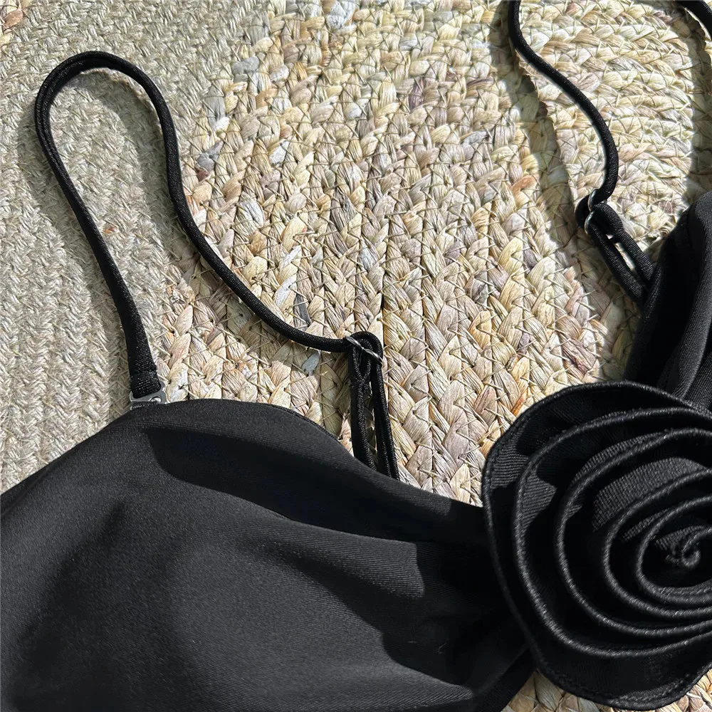 Sexy Black Hollow Out Swimsuit Women One Piece Swimwear 2026 3D Flower Bandeau Monokini Swimming Bathing Suit Wear Beachwear