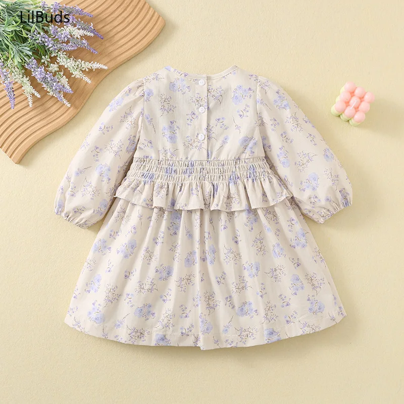 2024 Girl Clothes Long-Sleeved Broken Floral Kid's Princess Dresses Children Korean Western Style Printed Matching Spring Autumn