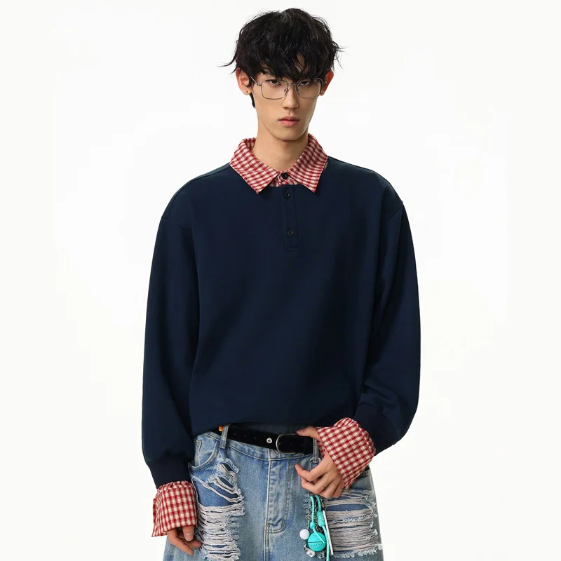 

Autumn Campus Boy Sportwear Men Streetwear Fashion Loose Casual Splice Plaid Polo Shirt Pullover Sweatshirts Cityboy Hoodie Tops