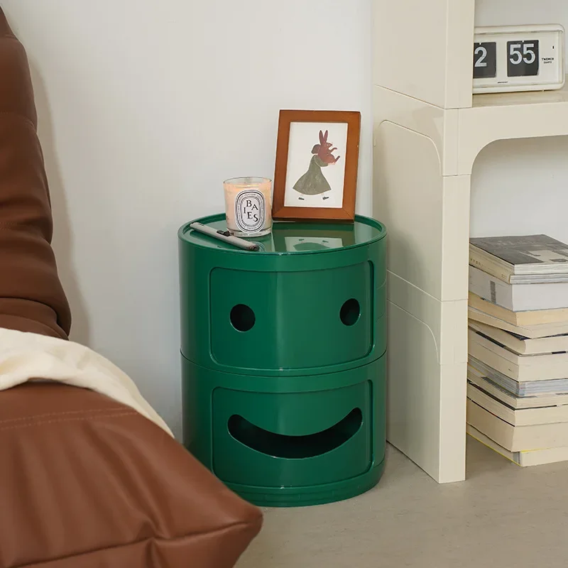 

Smiley Round Creative Bedside Table Home Bedroom Plastic Storage Side Cabinet Double-layer Sliding Living Room Sofa Side Table