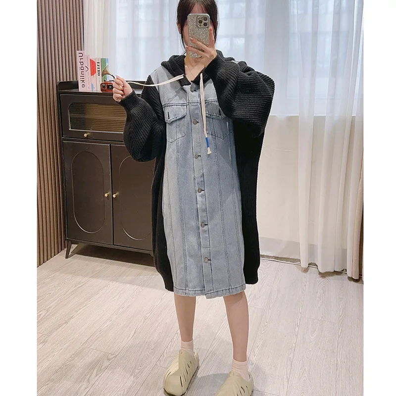 SuperAen Denim Patchwork Sweater Coat Women 2024 Autumn Winter New Fashion Design Long Hooded Knitting Cardigan Casual Coat