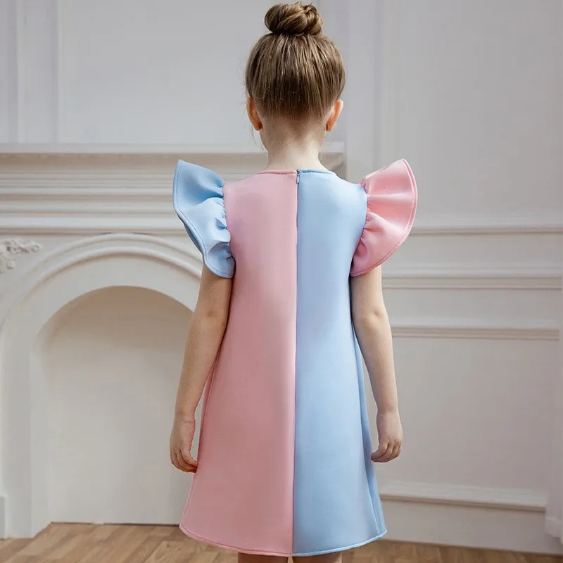 Fashion Baby Girl Princess Fly Sleeve Dress Toddler Child Bow Dress Pink Blue Color Blocking Birthday Party Baby Clothes 2-10Y