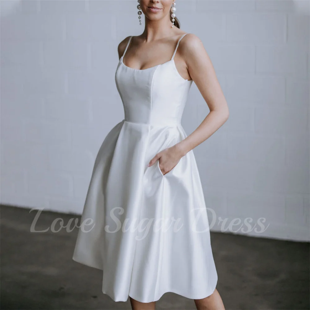 

Simple Short Wedding Dress With Pockets A Line Bridal Gowns Spaghetti Strap Satin Formal Bride Dresses vestido de noiva