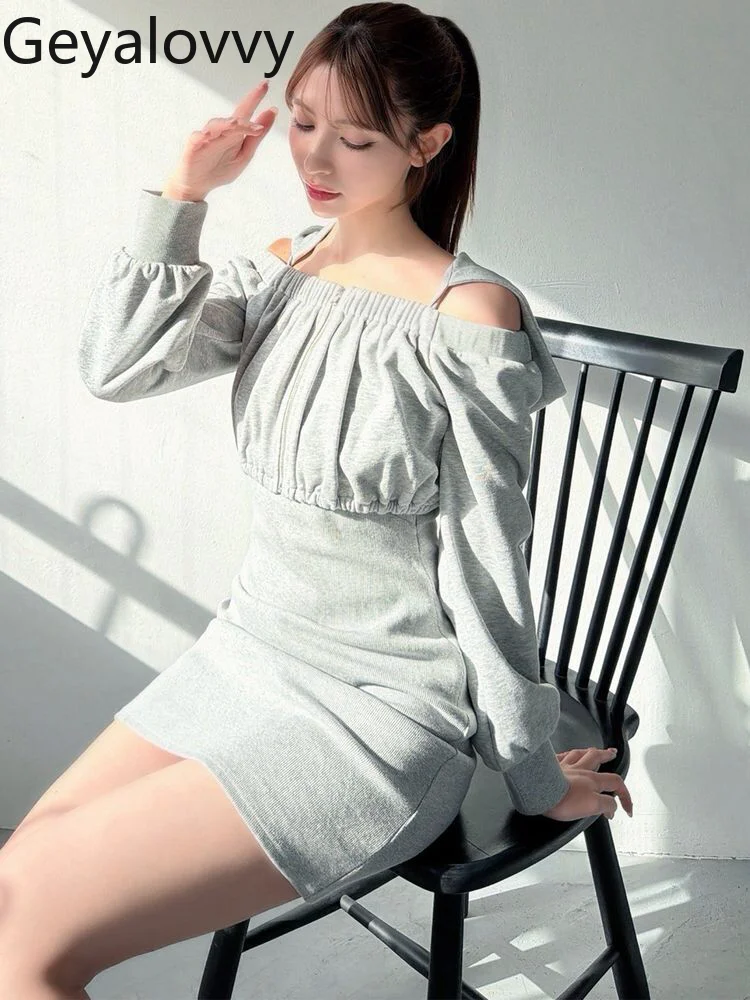 

Japanese Sporty Sweet Lolita Style High-waisted Slim-fit Hooded Off-shoulder Cami Dress and Long Sleeve Blouse Two-piece Set