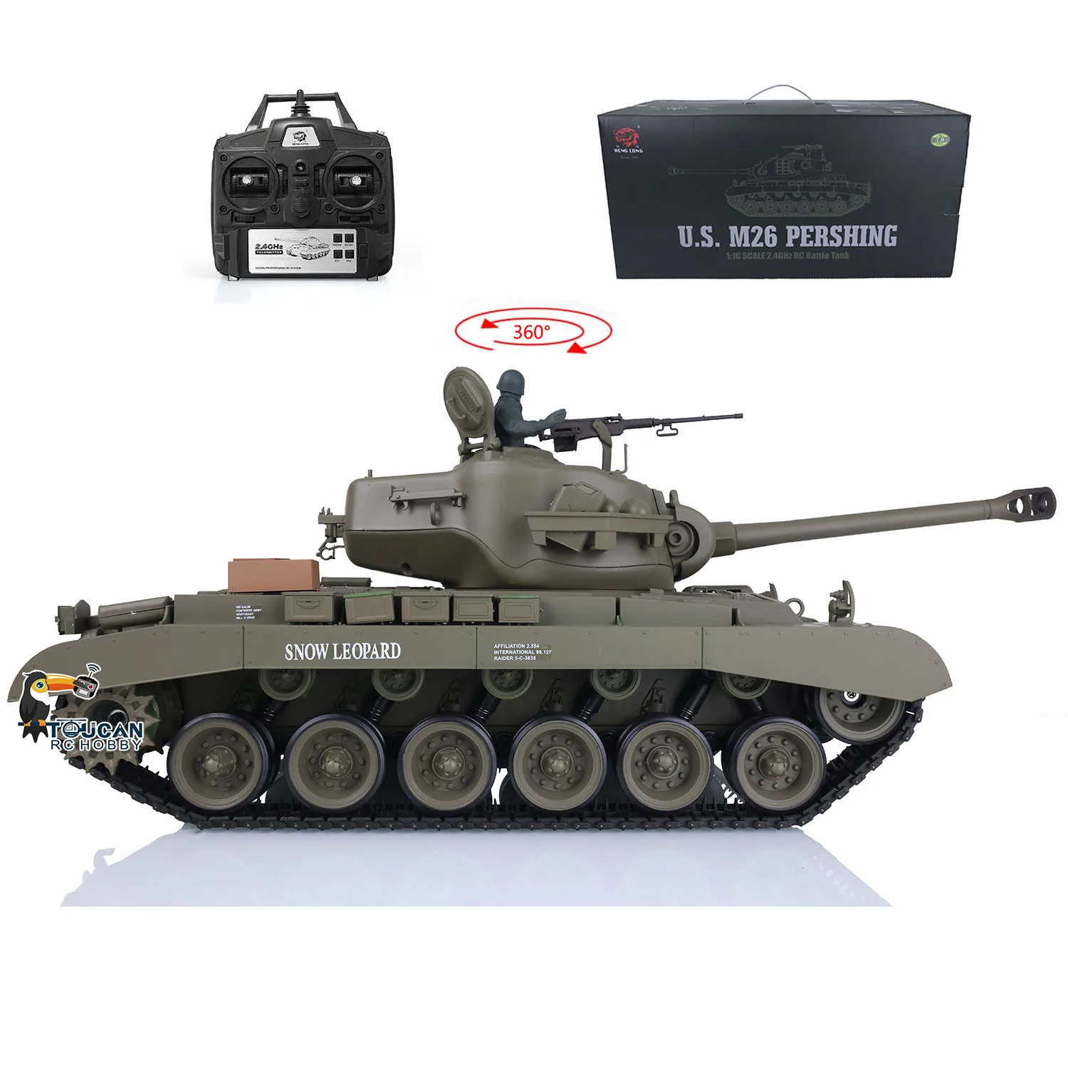 Henglong 1/16 7.0 Plastic M26 Pershing RTR RC Tank 2.4Ghz 3838 W/ 360° Turret Smoke Engie BB Shooting Speaker Army Toys TH17302