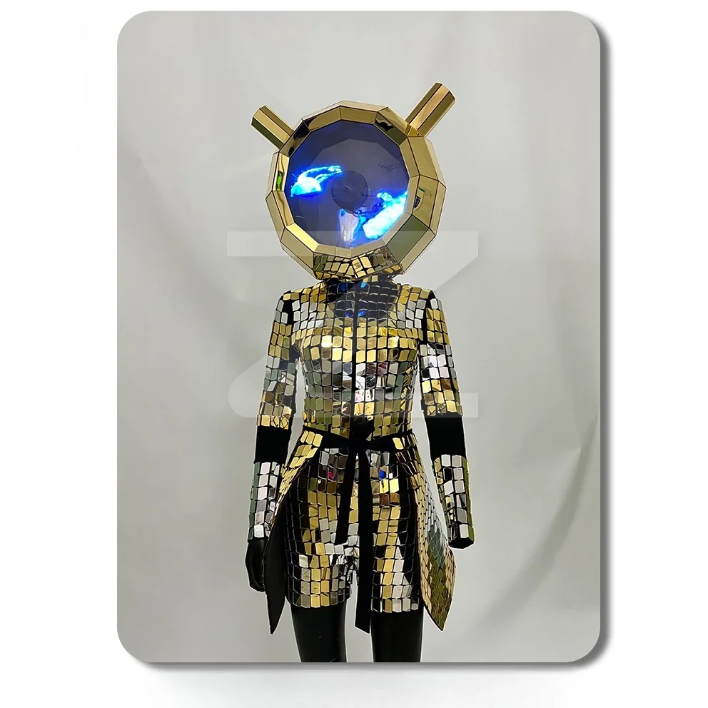 المرحلة زي الذهب والفضة ديسكو المرايا الكرة خوذة مرآة الرجال الترتر زي الدعائم بذلة النساء مهرجان الأداء تأثيري