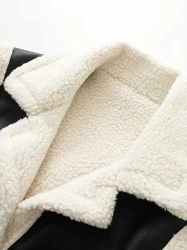 التباين لامب التلبيب سترة صوف المرأة عادية الخامس الرقبة أكمام واحدة الصدر قصيرة أفخم سترات 2026 سيدة الشتاء الشارع ارتداء جديد #2