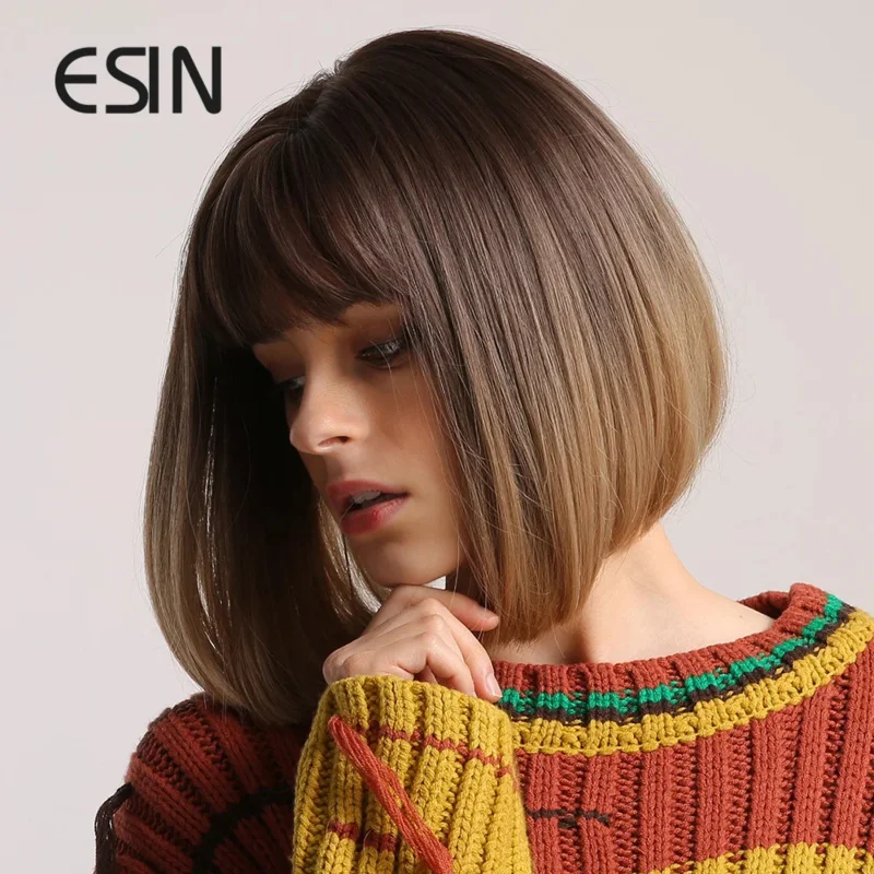 Esin Synthetisch Haar Bruin Ombre Tot Lichtbruin Medium Lange Rechte Bob Pruik Met Pony Cosplay Pruiken Voor Vrouwen Hittebestendig