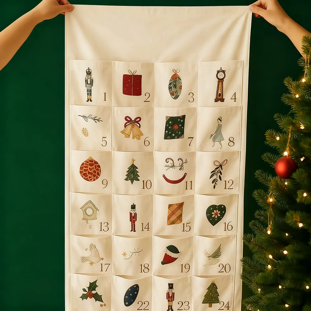 Kalender Advent Natal dari Kain yang Dapat Disesuaikan dan Digunakan Kembali dengan 24 Kantong untuk Dekorasi Natal Anak-Anak dan Keluarga Gaya Farmhouse