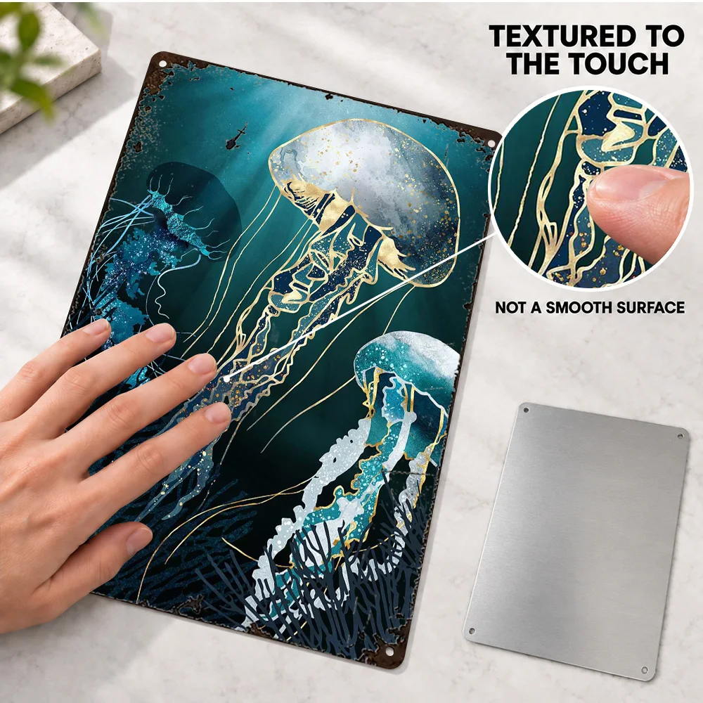 Jellyfish V Textured Metal Poster Personalized Aluminum Sign Coastal Gold Linework Wall Art For Dining Room Housewarming Gift