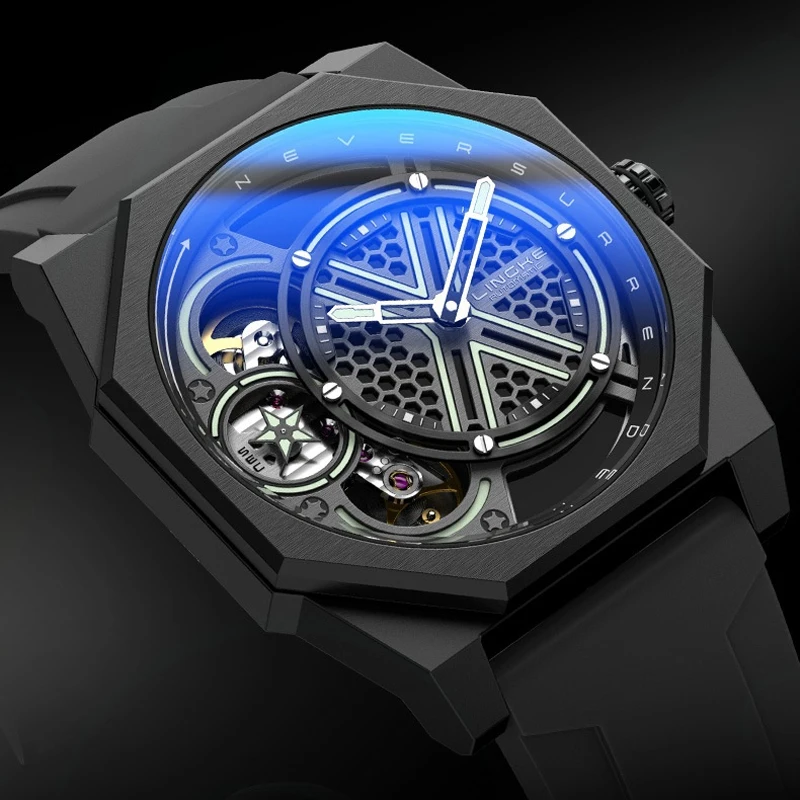 LINGKE Orologio meccanico da uomo di marca Cinturino sportivo in silicone Tourbillon automatico Orologi da uomo Orologio super luminoso impermeabile da uomo