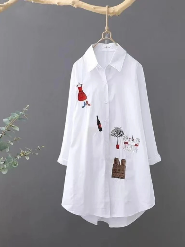 

Весенне-летняя хлопковая длинная све с вышивкой, белая свободная базовая блузка с защитой от солнца, женская блузка с художественной прошивкой