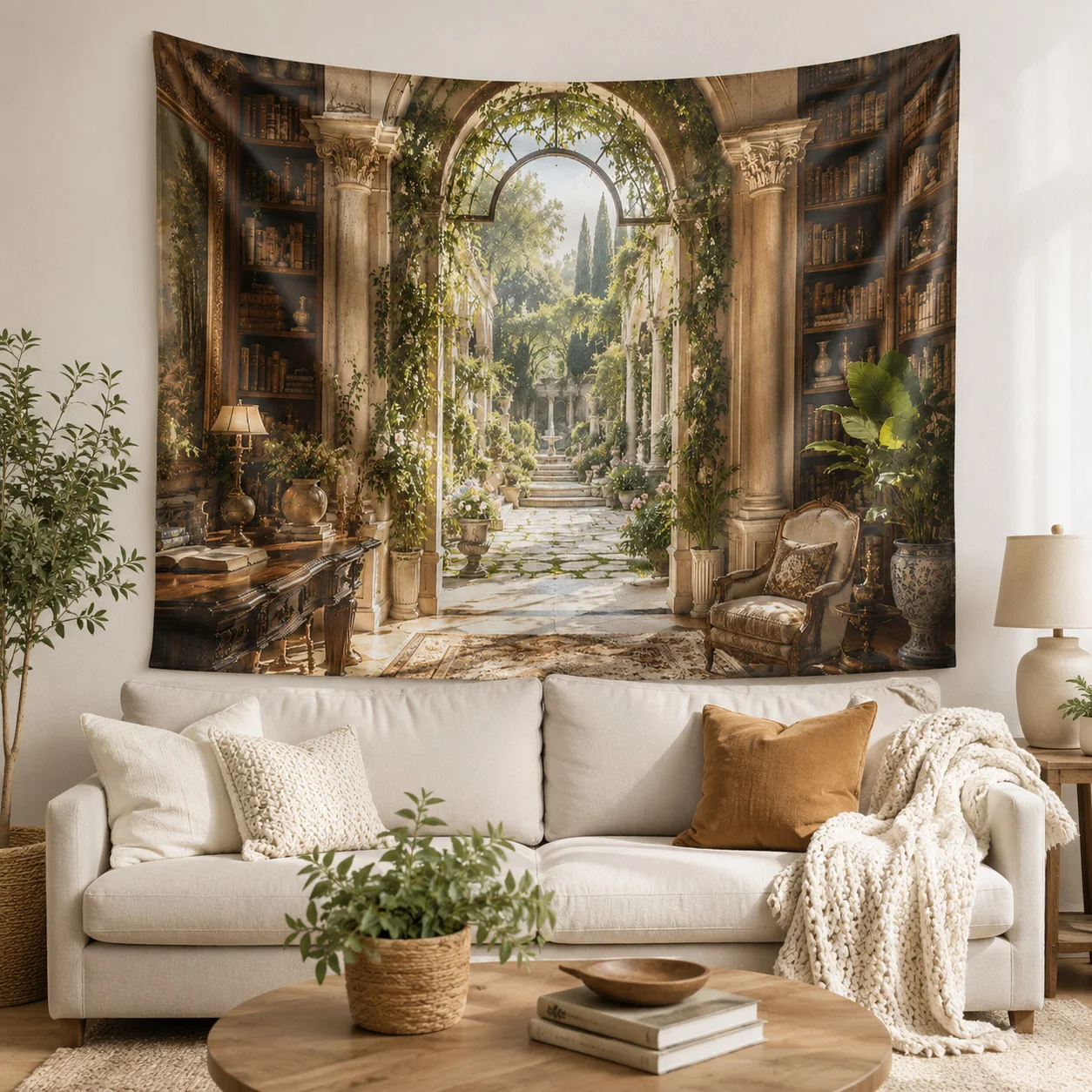 Vintage Arch Library Garden Wall Tapestry Retro Book Room Landscape Wall Hanging Aesthetic Home Decor