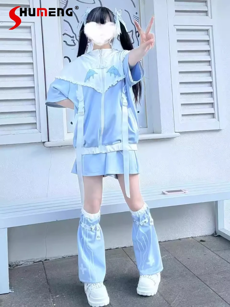 Original Japanese Subculture Water Color System Removable Sleeve Jacket Shorts Leg Cover 3 Piece Set Girl's Sweet Hooded Jacket