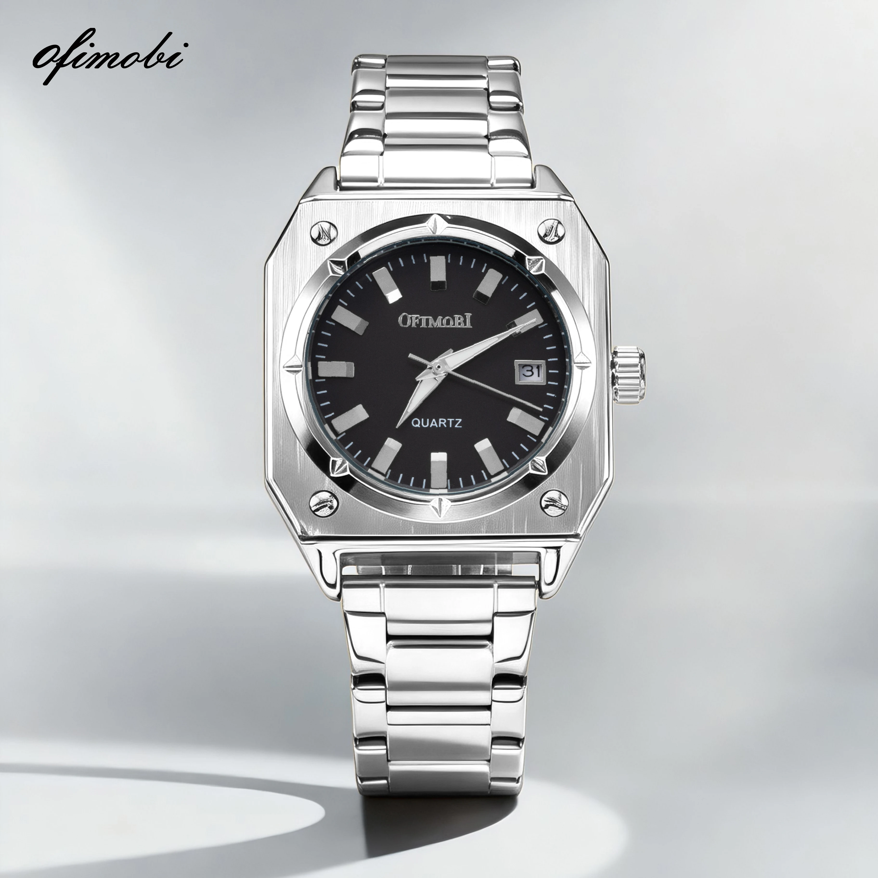 OFIMOBI Classic Square Men's Quartz Watch - Business Casual Stainless Steel Wristwatch with Date Display for Office Daily Wear