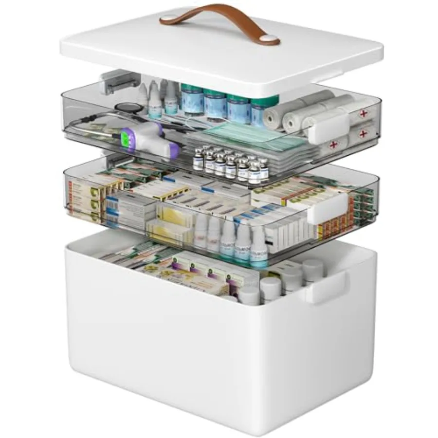 

3-Tier Medicine Organizer - Portable Medicine Cabinet with Leather Handle, Empty First Aid Kit for Home