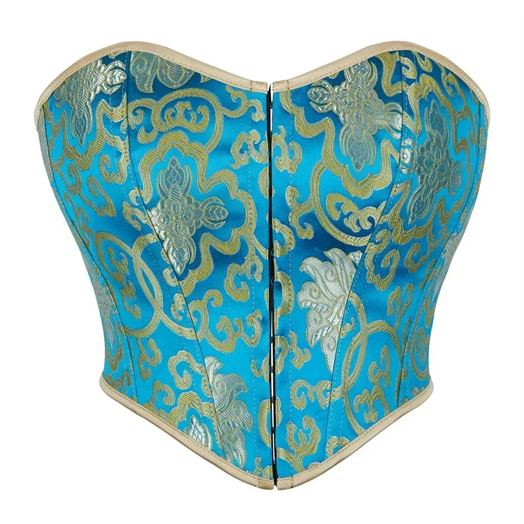 

Retro Blue Women Chest Button Corset Boneless Short Corselet