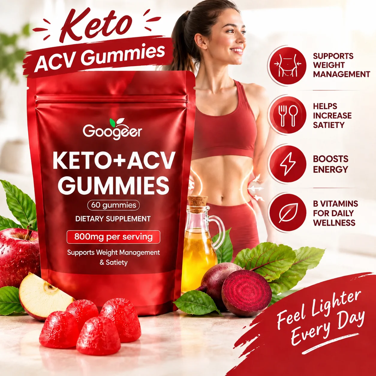 Keto ACV Gummies - Supports Healthy Weight Management & Satiety,800mg Apple Cider Vinegar Powder, B Vitamins & Beet,60 Gummies