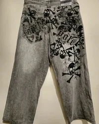 2023 nuevo americano Harajuku retro estampado de calavera recta de cintura alta Y2K jeans gris lavados para mujer ropa de calle pantalones anchos góticos