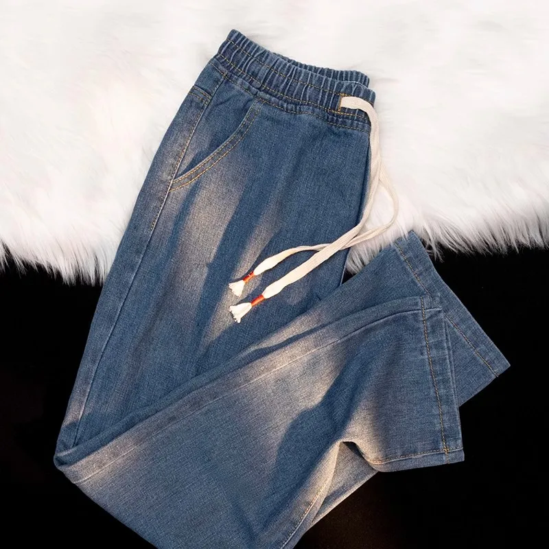 Calças Jeans de Cintura Alta com Cordão para Homens e Mulheres, Estilo Retro de Hong Kong, Soltas e com Efeito Emagrecimento