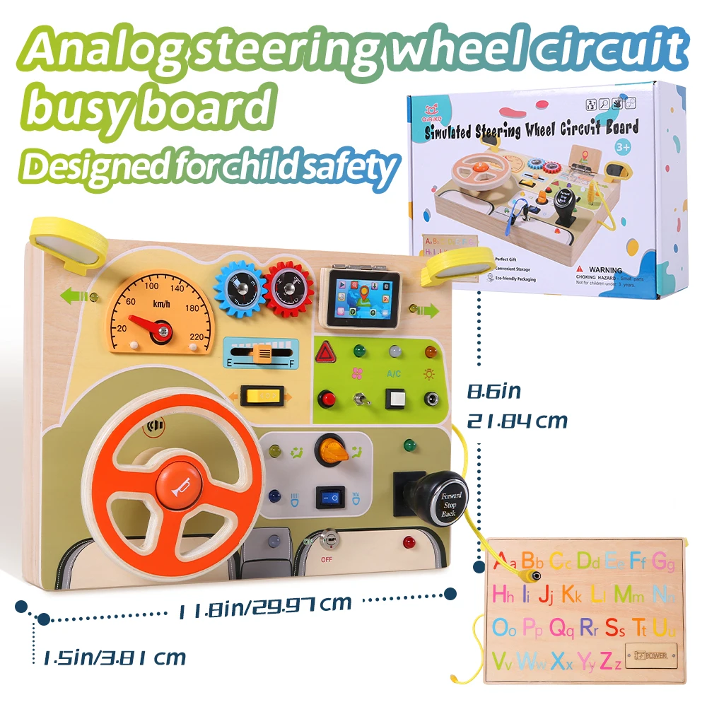 

1pc/set Wooden Steering Wheel Wooden Busy Board Unlocking LED Switch for Toddlers Preschool Learning Activities