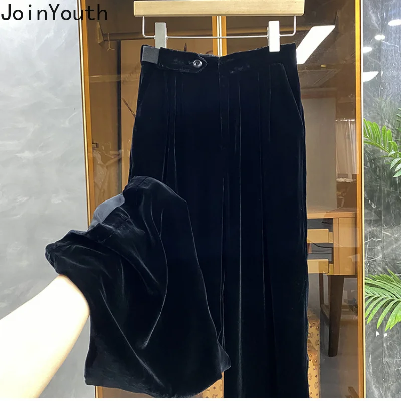 Korean Wide Leg Pants Women High Waist Slim Fit Straight Velvet Trousers Fashion Casual Vintage Pantalon Femme 2023 New Bottoms