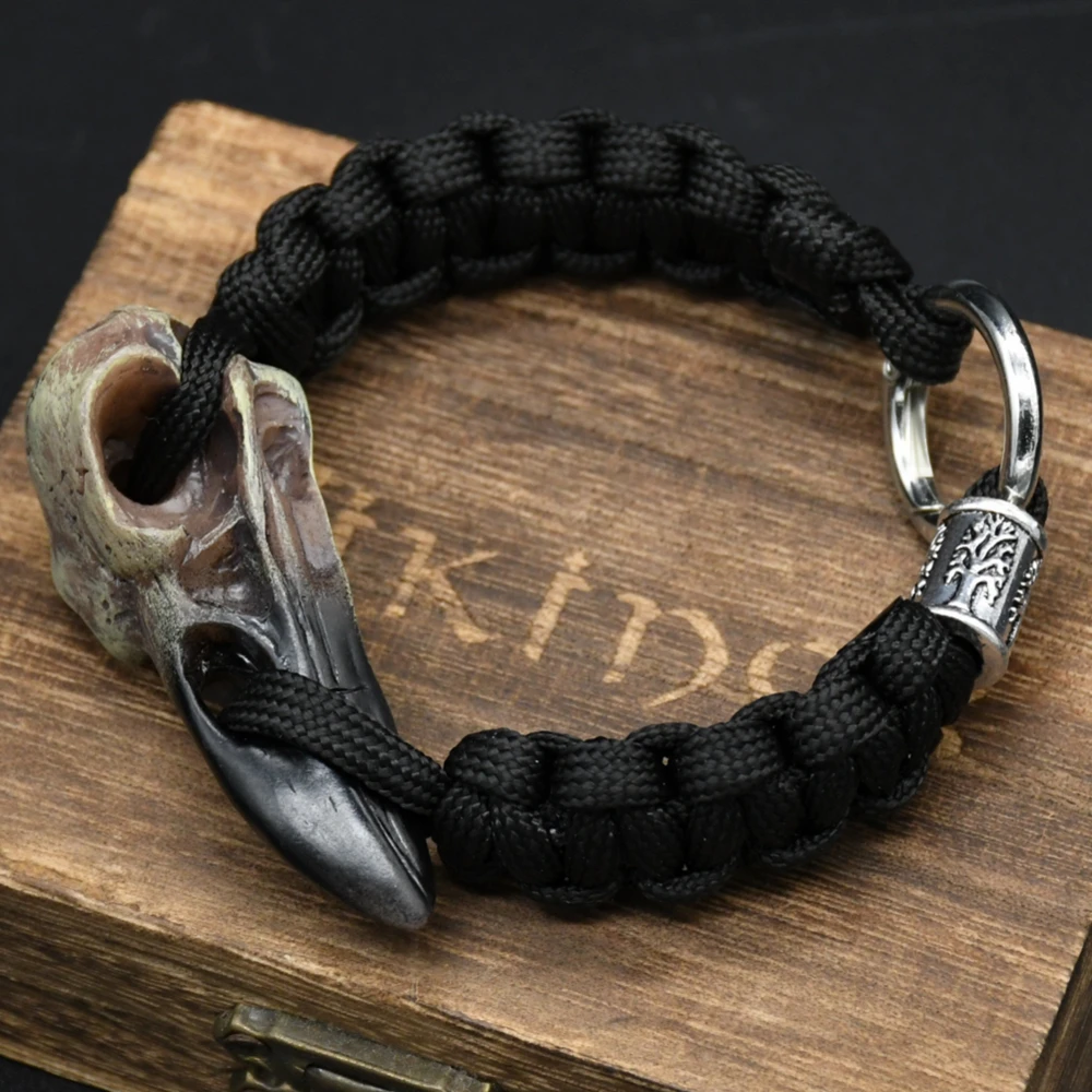 Odin Crow Skeleton Bracelet Vikings Eagle\'s head Pendant Rune Bead Paracord Rope Norse Pirates Rune Valknut Amulet Jewelry Gift