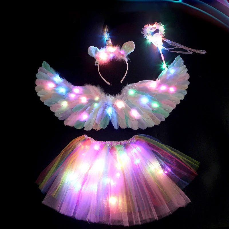 LED Luminous Angel Feather Wings Tutu Glow in The Dark Wedding Birthday Party Cosplay Princess Fairy Aldult Kid Luminous Wing