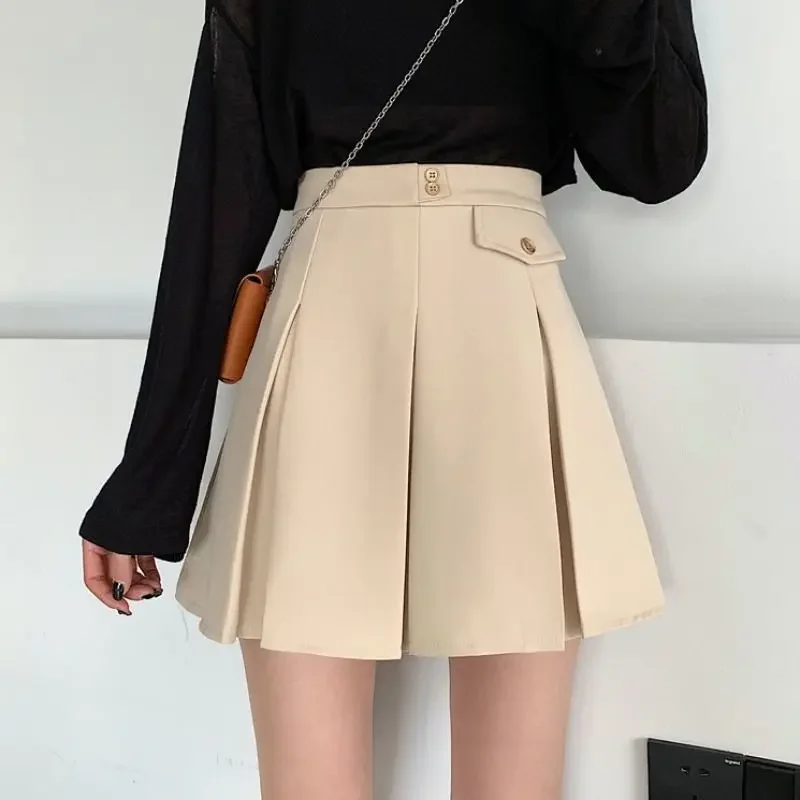 

Женские юбки, повседневные базовые студенческие плиссированные пуговицы с высокой талией для девочек, универсальные летние повседневные простые женские винтажные шикарные новинки