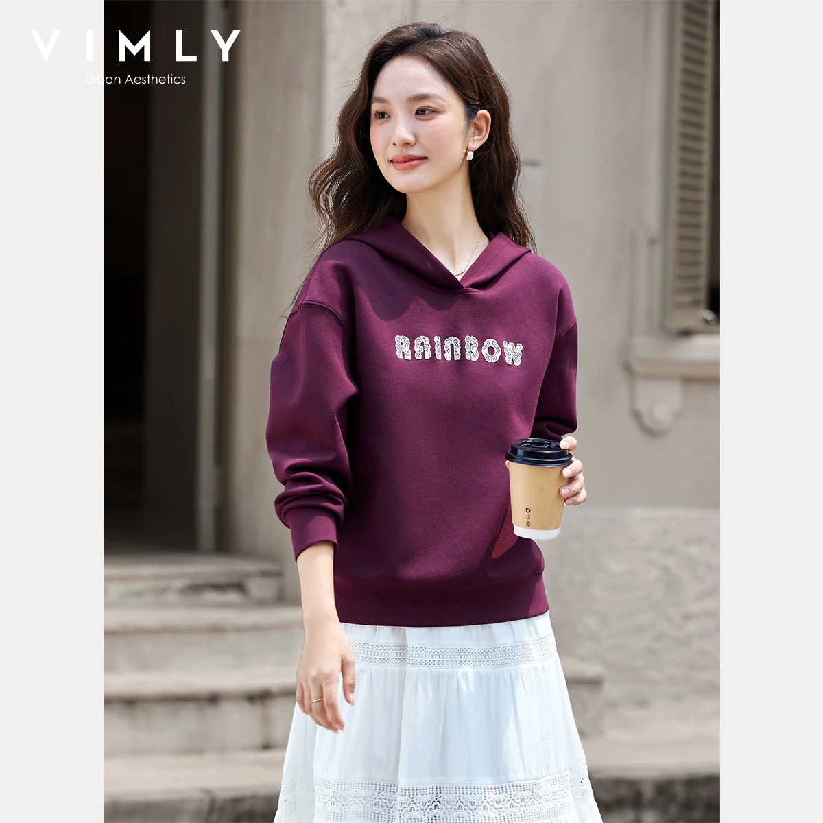 VIMLY Hoodies Woman Letter Embroider Purple Autumn 2025 New Casual Long Sleeve Loose Tops Sporty Knitted Sweatshirt Female A1977