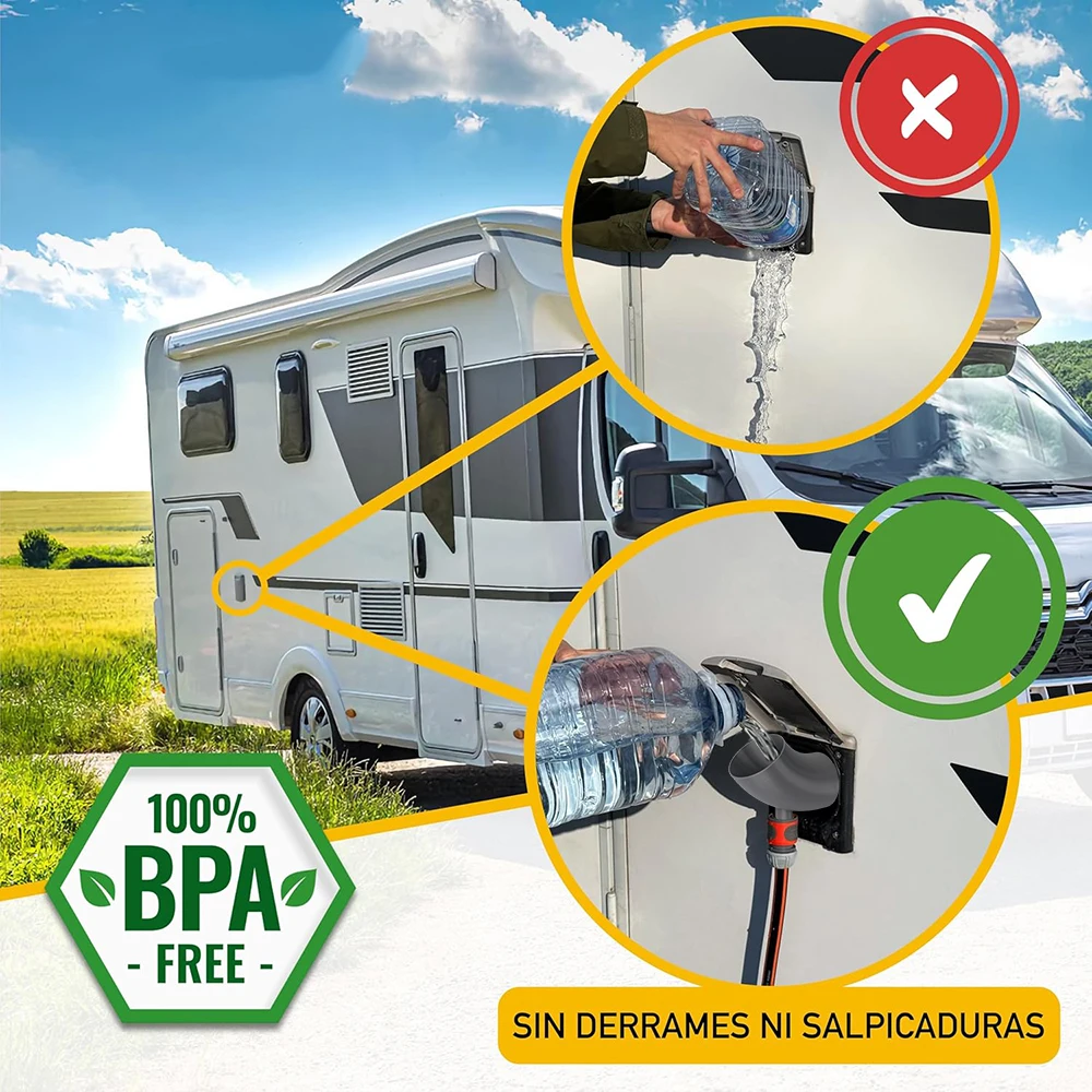 

Воронка для заливки воды в резервуар для автодомов и кемперов 2-в-1, совместимая с европейскими стандартными крышками, для заливки из бутылок и шлангов.