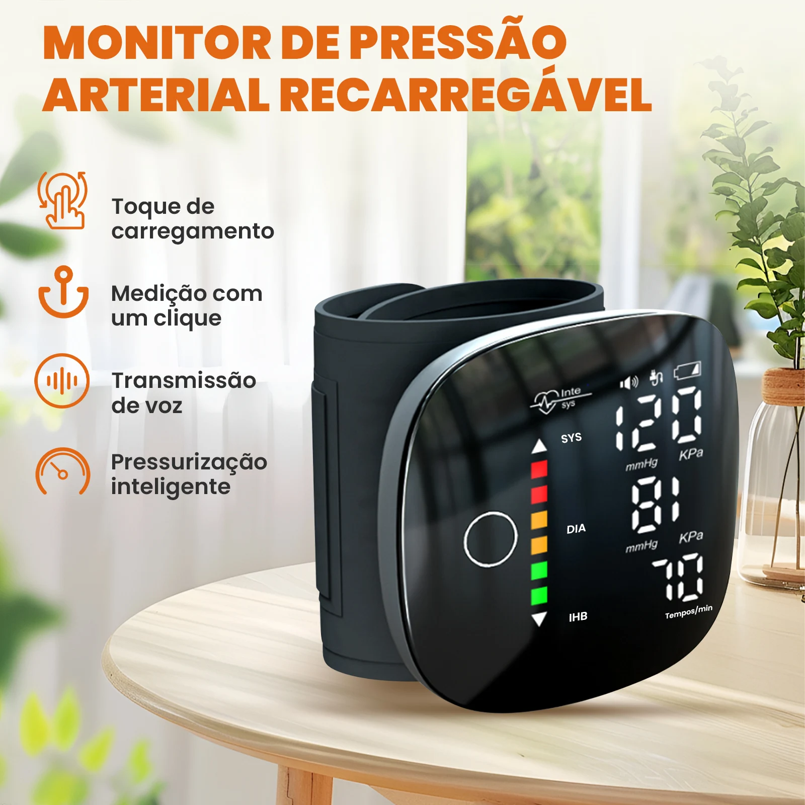 Monitor de Pulso e Pressão Arterial Recarregável Portátil para Hipertensão