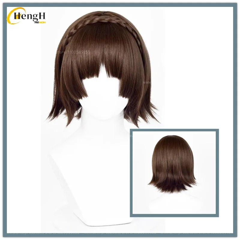 

In Stock Game P5 Makoto Niijima Synthetic Hair Short 28cm Brown Braid Cosplay Anime Wig Heat Resistant Hair Party Wigs + Wig Cap
