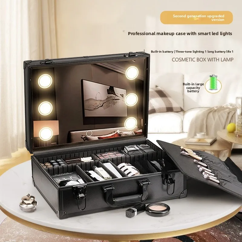 

Портативная косметичка большой емкости для макияжа, косметика для дизайна ногтей, коробка для хранения с вышивкой и зеркалом и подсветкой