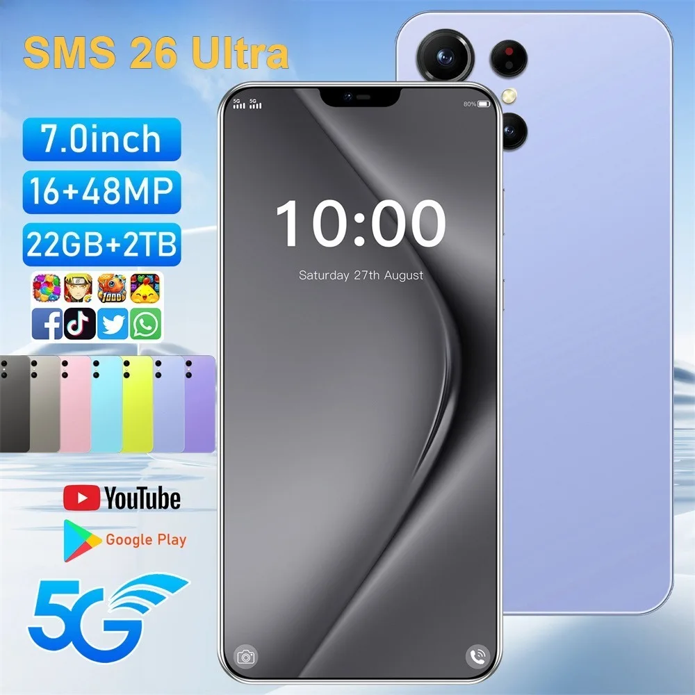 

2026 Hot SMS 26 Ultra 7.0 inch Global Edition Original Cheap Smart 22GB+2TB 5G Dual Card 8000mAh Facial Recognition Function