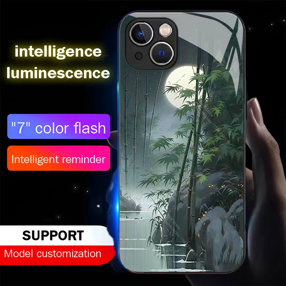 Moonlit Bamboo Grove Led Light Phone Case Call Flash Glitter Cover For iPhone 16 15 14 13 12 11 Pro Max X XS XR Plus SE