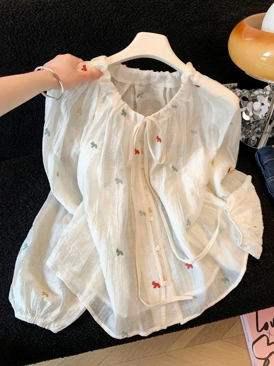 

Korean Style Embroidered Ice Silk Sun Protection Shirt Women's Summer Thin Outerwear Loose Fit See through Slim Lantern Sleev...