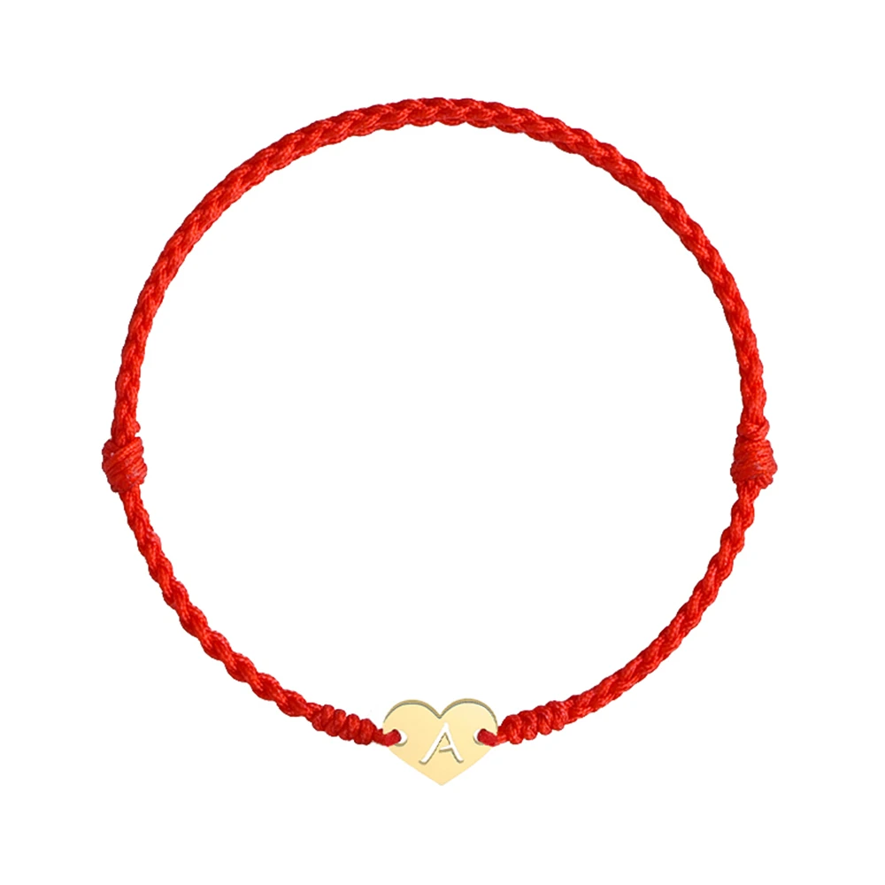 Pulseras trenzadas con nombre de A-Z de letra inicial para mujeres y hombres, pulsera de hilo roja y negra con corazón de acero inoxidable chapada en oro hecha a mano