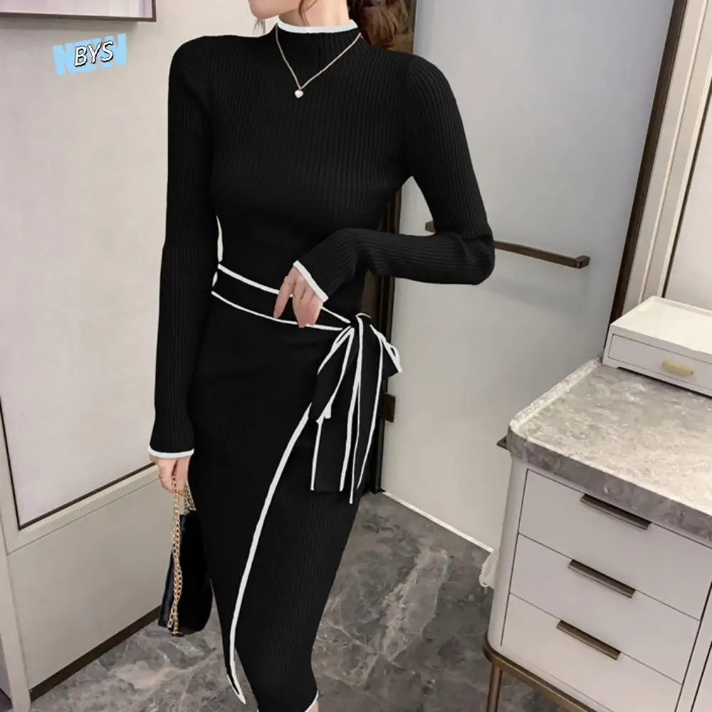 

Fashion Half Collar Knit Long Dress Lace-up Winter Autumn Slim Elegant Dresses Spicy Girl Long Sleeve Knitwear Dress Party
