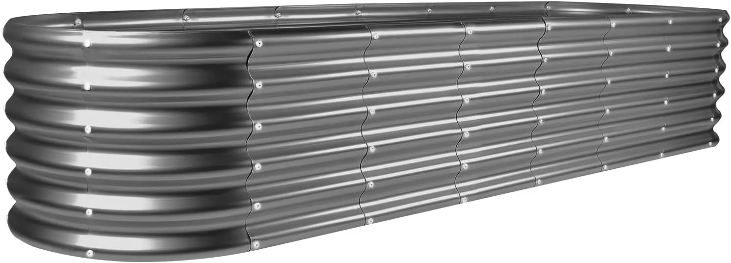 طقم سرير حديقة مرتفع مجلفن 8 × 2 × 1.5 قدم صناديق حديقة مرفوعة في الهواء الطلق سرير حديقة معدني بيضاوي مرتفع للخضروات رمادي حديث #1