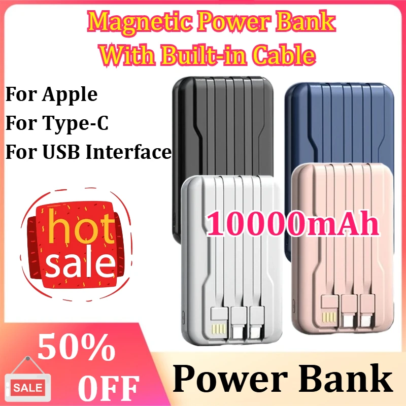 

New 10000mAh Magnetic Wireless Fast Charger Power Bank Portable for Apple for Sndroid Universal Built-in Cable Mobile Power