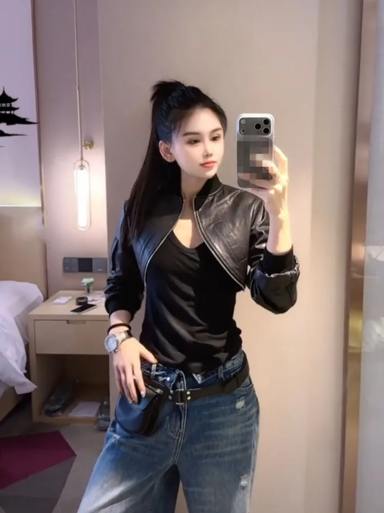 Women Punk Genuine Leather Motorcycle Short Coat Stand Collar Long Sleeve Cardigan Jacket Autumn Fashion Streetwear Outerwear