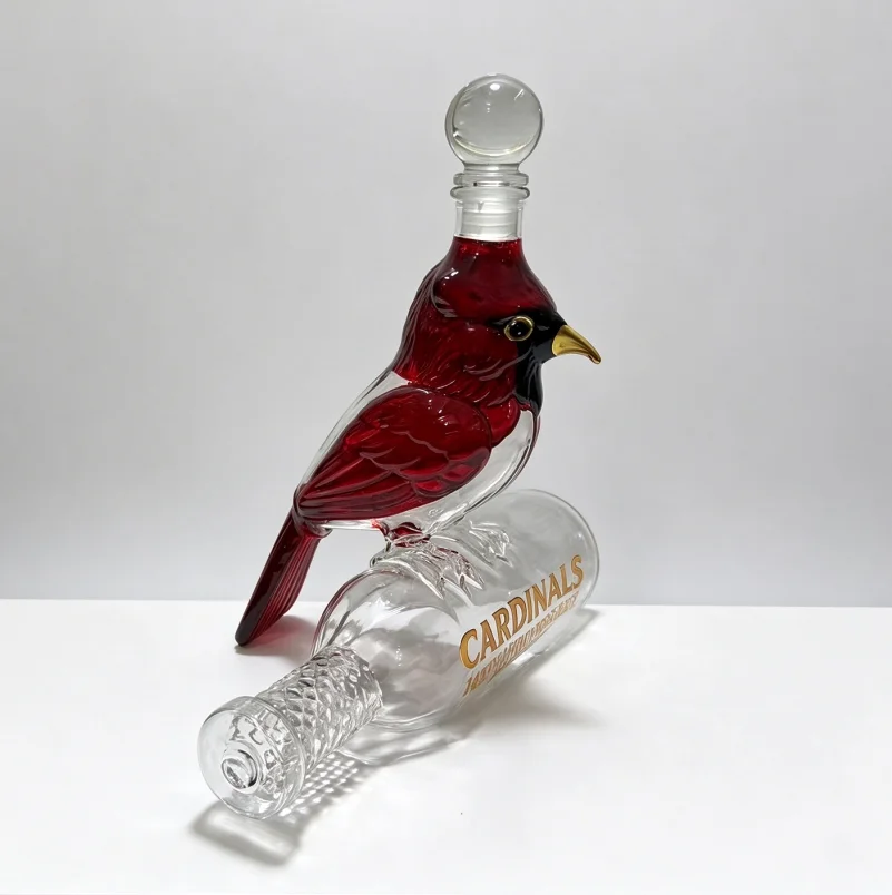 Unique Animal Baseball Theme Whiskey Decanter, Hand Crafted Glass Spirit Bottle, Cardinal Bird Sculpture Liquor Container