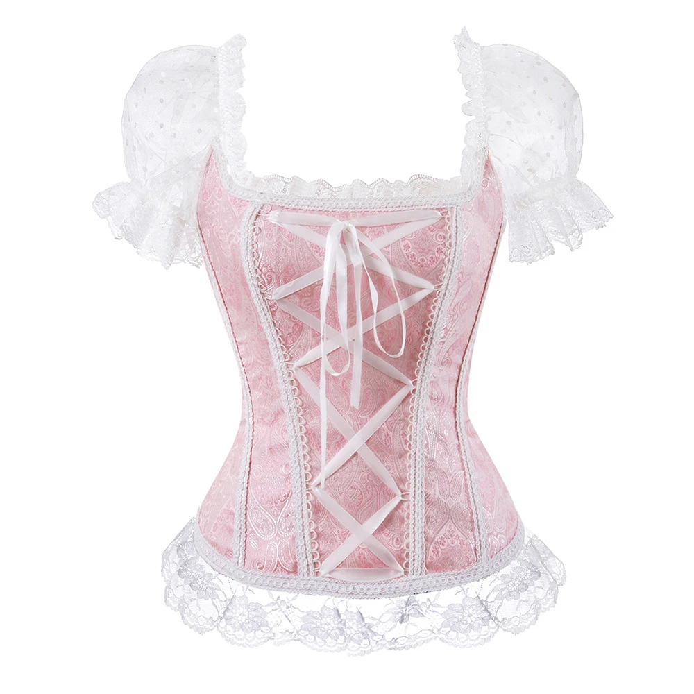 

Corset Top Court Simplicity Sweet Lace Trim White Black Pink Vintage Bustier European Women Oktoberfest Costume Maid Character