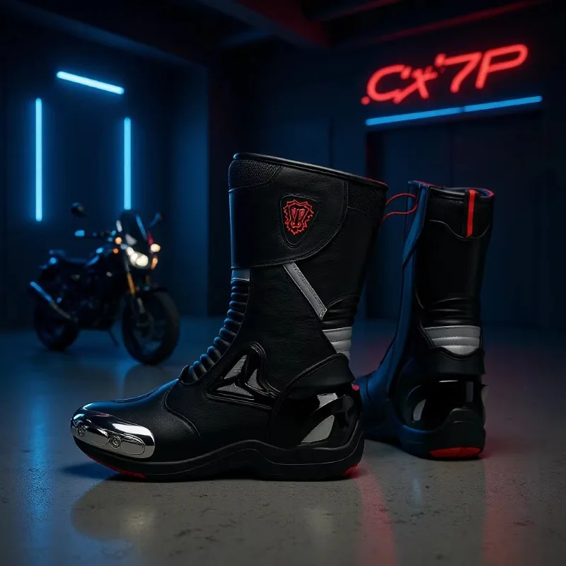 

JG Wolf Men's Motorcyclist Boots Leather Breathable Motocross Boots Reflective Motorcycle Shoes Black Racing Shoes Anti-slip