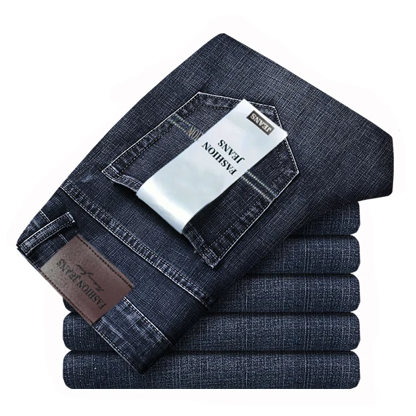 Spring Summer Classic Pocket Men Fit Straight Thin Jeans Cotton Elastic Middle Waist Business Casual Lightweight Pants